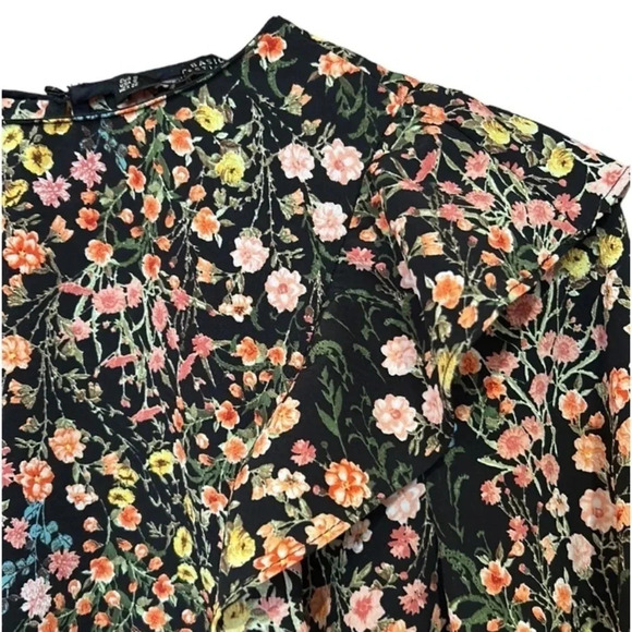 ZARA Floral Black Long Sleeve Ruffle Blouse Small - Picture 6 of 10